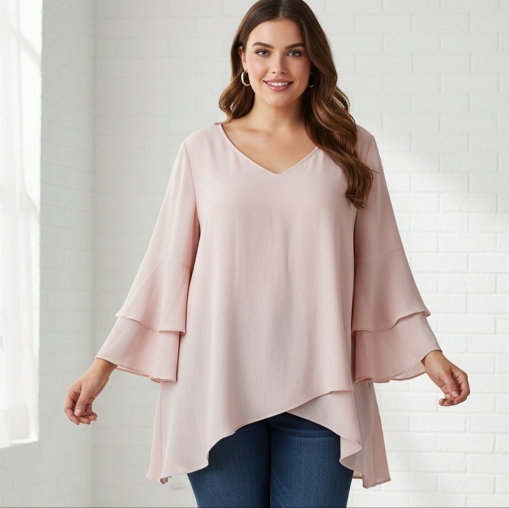 NEW Alyx Blush Multilayer Bell Sleeve Crepe Textured Blouse